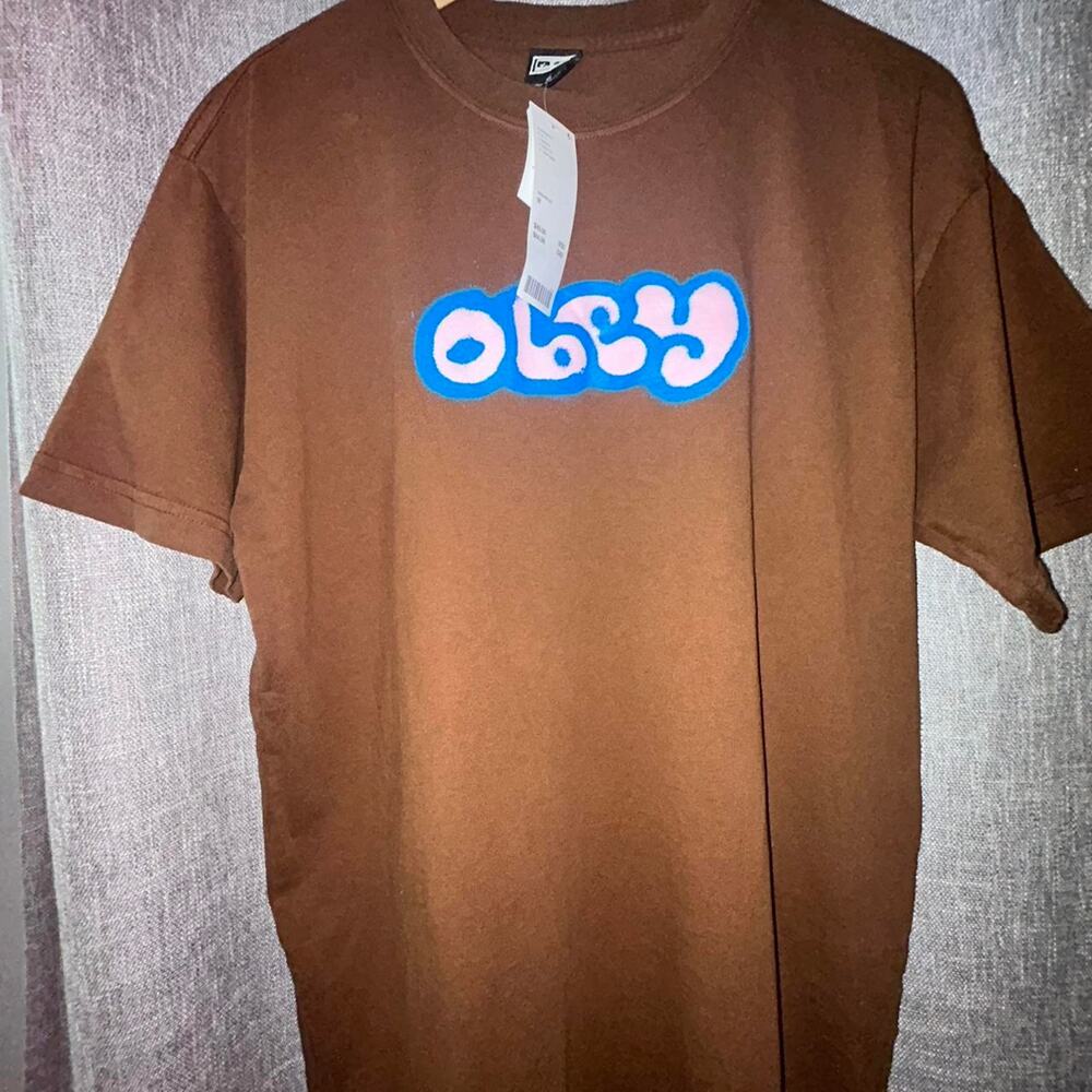 Obey Brown Short Sleeve Tee with Blue & White Logo
